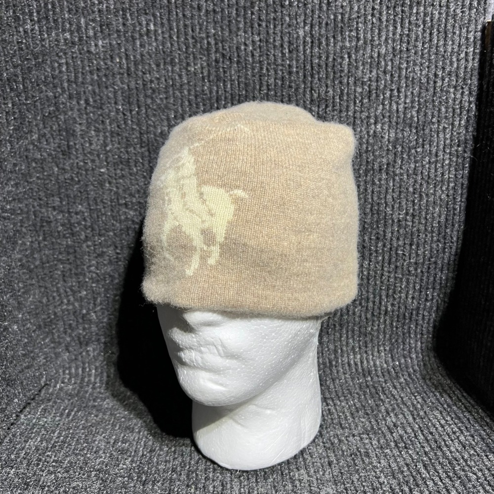 Vintage Polo Ralph Lauren Beanie Unisex OS Tan Lambswool Big Pony Fleece Lined